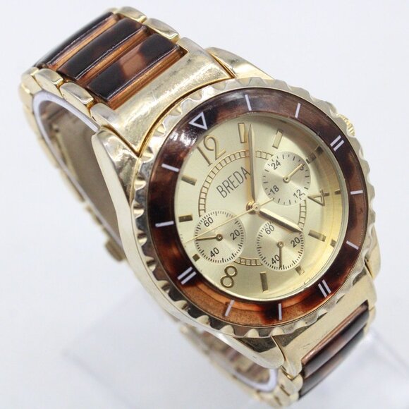 BREDA Chronograph Watch Unisex Gold Tone Stainless Steel Classic Gold Quartz - Picture 4 of 8